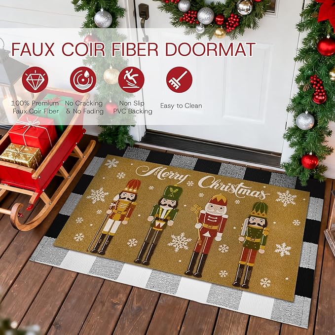 2 Pcs Christmas Welcome Doormats 30 x 17 Inch Christmas Nutcracker Coir Door Mats for Front Doors Nonslip 2-in-1 Seasonal Buffalo Plaid Rug for Holiday Outside Entrance Porch Home Decor