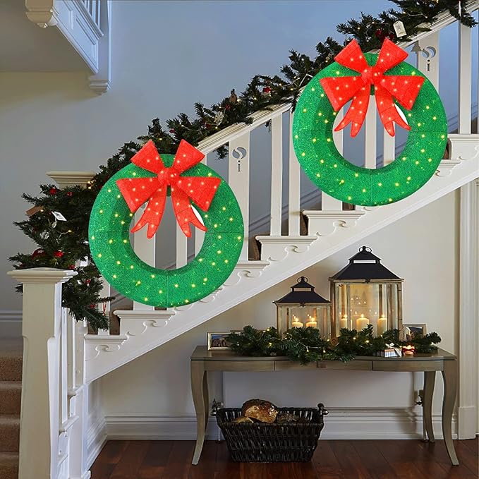 Hykolity 48 in. 3D Lighted Outdoor Christmas Wreath with 140 LED Lights & Red Bow, Christmas Holiday Yard Decoration for Garden, Porch - Green