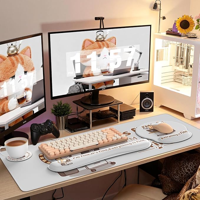 iCasso Desk Mat Set,Large Mouse Pad with Wrist Support,Cute Cat Wrist Support for Keyboard,Non-Slip Computer Mat with Stitched Edges, Anime Desk Cover Protector for Office Home Dorm