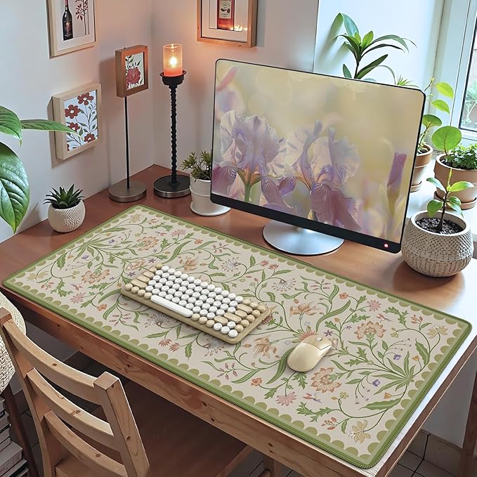 HAOCOO Light Green Iris Flower Desk Pad Mat, Non-Slip XXL Mouse Pad with Stitched Edges, Cute Floral Computer Mat, Elegant Desk Decor for Home, School, Office Accessories