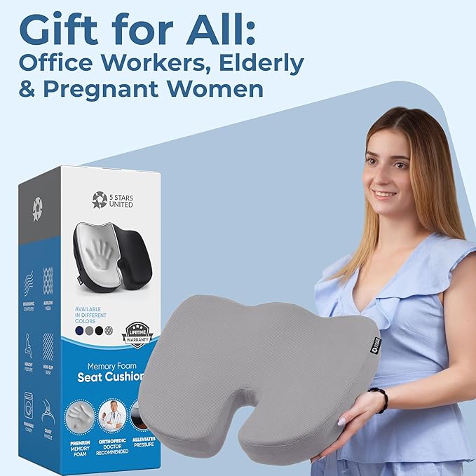 5 STARS UNITED Seat Cushion for Tailbone Pain Relief ā Memory Foam Lifting Pillow for Coccyx, Hip, Hemorrhoid, Sciatica & Post-Surgery Recovery ā Wheelchair, Car, Desk, Gaming & Office Chairs, L Gray