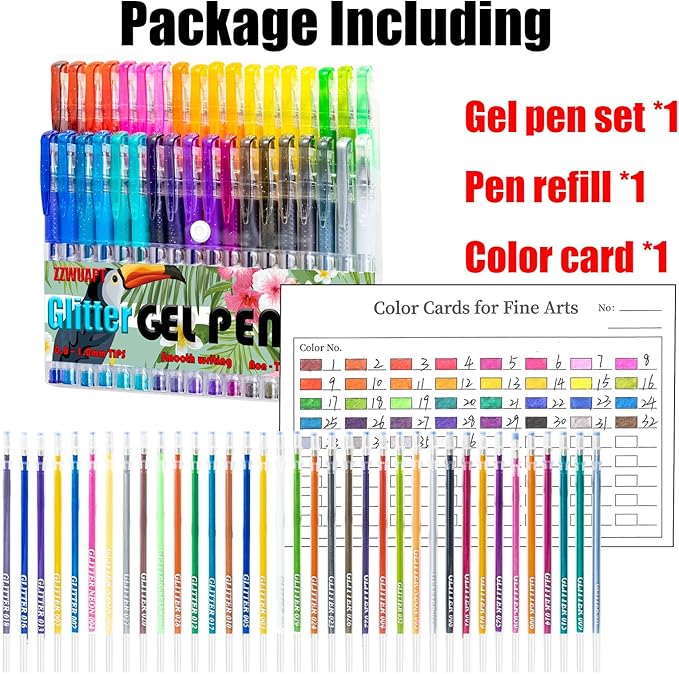 Glitter Gel Pens for Coloring Book,72 Color Gel Pens Set including 36 Color Gel Pen with 36 Refills,40% More Ink Colored Gel Pens for Drawing, Doodling, Scrapbook, Journaling