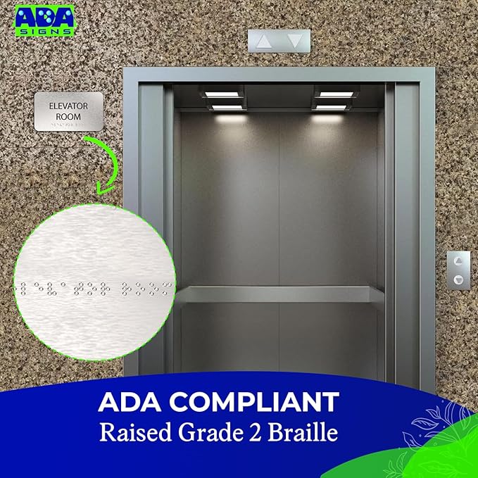 ADA Elevator Room Sign for Business - Office Signs, Aluminum Brushed Silver, Tamper-Proof, Heavy Duty Mounting Tape, Easy Install, Office Décor, ADA Compliant, Grade 2 Braille (7” W x 4” H) ADASigns.org
