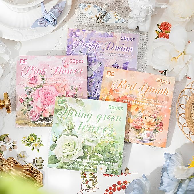 Snycler Scrapbooking Supplies, Vintage Journaling - 25 Sheets PET & 25 Sheets Paper Stickers, DIY Craft Stickers for Junk Journals, Ephemera Sticker Book, Green Leaf Themes, Pre-Cut Designs