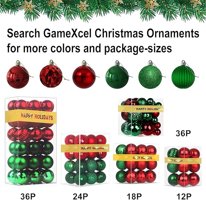 Red & Green Christmas Ornaments - Christmas Tree Decorations Shatterproof Hanging Balls for Birthday Wedding Holiday Decor Set of 36pcs, Multi-Sizes(1.6",2.5",3.2")