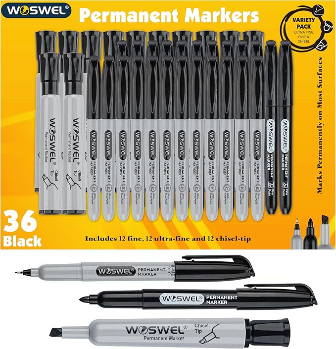 Permanent Markers 36 Variety Pack Bulk,Featuring Ultra-Fine,Chisel Tip,And Fine Tip Marker Set,Writing And Poster Black Markers,Works on Plastic,Wood,Stone,Metal and Glass for Doodling, Marking