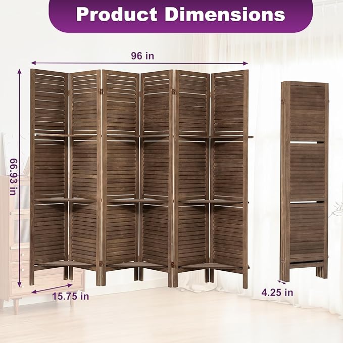 Room Divider with Shelves, 5.6FT Folding Room Divider Panel, 6 Panel Wood Partition Wall Divider for Room Separation, Dark Brown