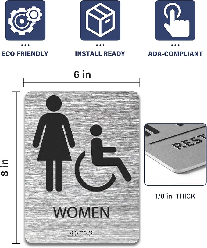 ADA-Mark Modern Restroom Sign for Business - ADA Compliant Braille Bathroom Sign with Easy Installation - 6" W x 8" H