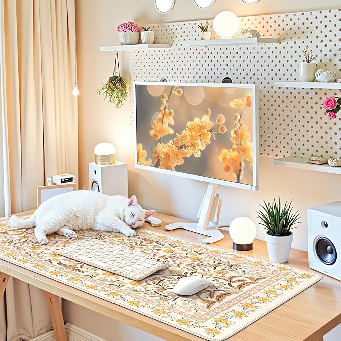 iCasso Desk Matt for Desktop, Cute Desk Pad Mat, XXL Large Mouse Pad, Anti-Slip Big Mousepad with Stitched Edges, Keyboard Pad Mouse Mat for Computer (Yellow Floral)