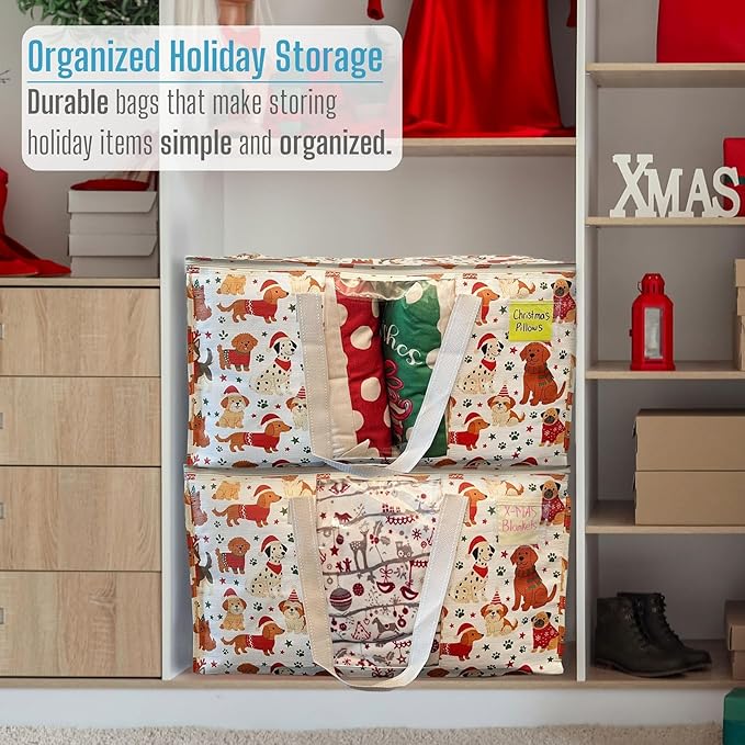 VENO 2 Pack Moving Bags, Large Christmas Storage Bins with lids, Packing Supplies for College, Alternative to Moving Boxes, Foldable, Heavy-Duty Tote, Christmas Pattern (Holiday Pups, 2 Pack)