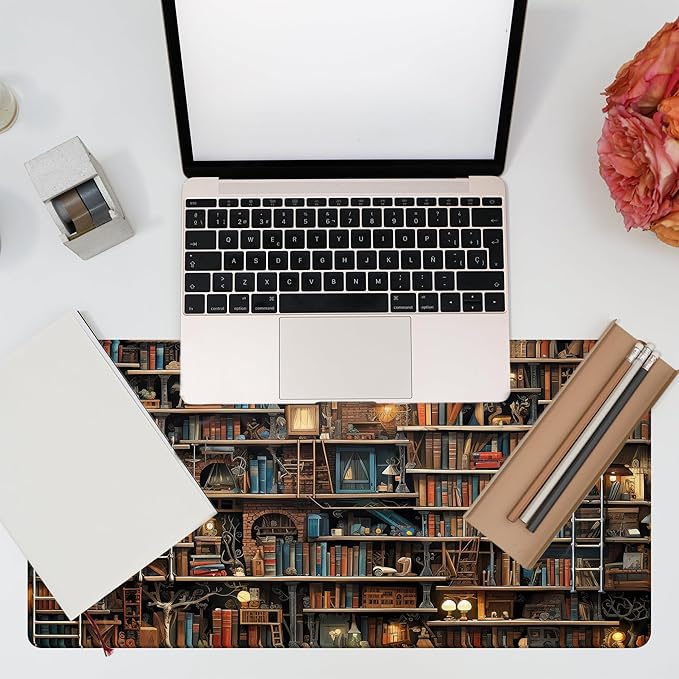 Desk Pad, Fantasy Shelves Desk Mat, Shelves Full of Books Large Gaming Mouse Pad for Desk, 31.5"x15.7" Extended Big Computer Keyboard Mouse Pad with Non-Slip Base and Stitched Edge