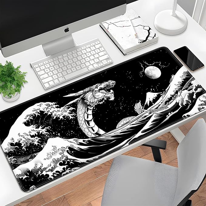 Japanese Wave Dragon Gaming Mouse Pad Large Desk Mat Black Extended Keyboard Mouse Pad Gaming Mousepad with Non-Slip Base Stitched Edge Mouse Mat Desk Pad 31.5 X 11.8 Mouse Pads for Desk Home Office