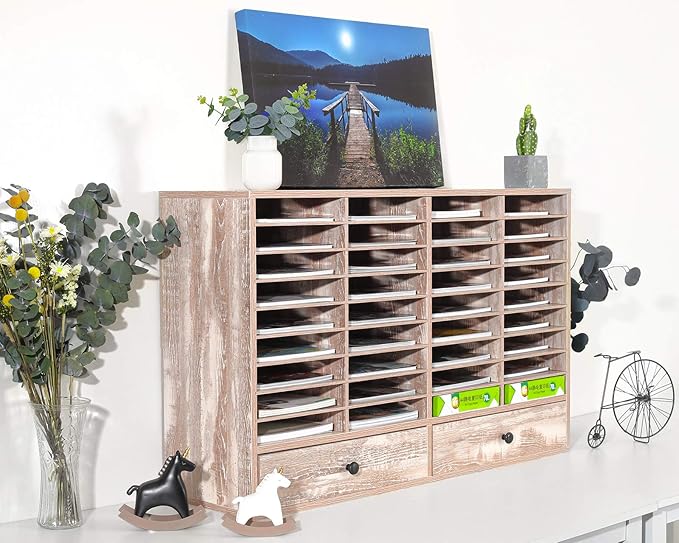 PAG Mail Sorter Organizer, Wood Literature Organizer, Student Mailbox for Classroom, Desktop Bill Paper Organizer for Office Home School, 38 Compartments, Retro White