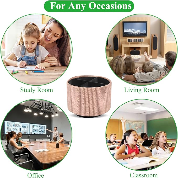 Hennaja Round Leather Art Supply Organizer,Remote Control Holder,360 Degree Spinning,Multi-Functional Pencil Holder,4 Compartments Desktop Stationary Organizer(1-Wood Apricot)