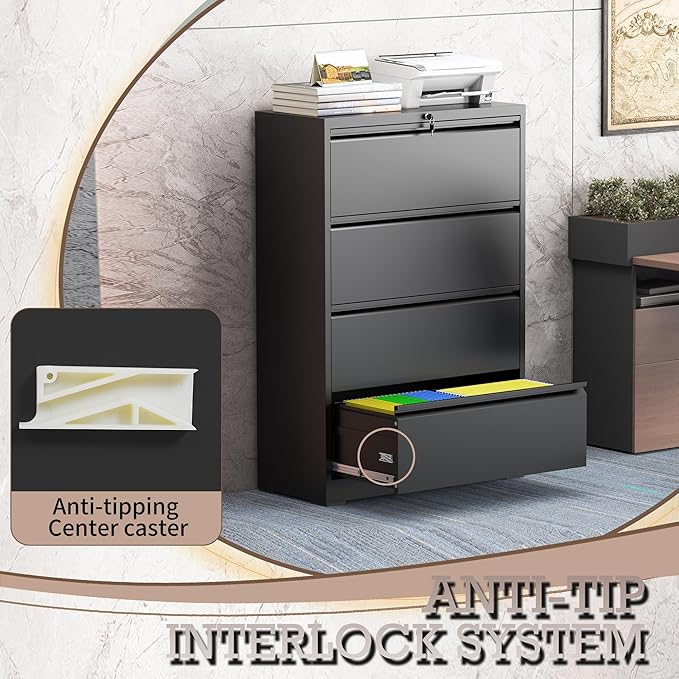 4 Drawer Lateral File Cabinet with Lock, Metal File Cabinet, Lateral File Cabinets for Home Office, Heavy Duty File Storage Cabinet for Legal/Letter/A4 Document, Assembly Required, Black