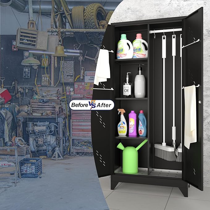 71'' Metal Storage Cabinet with Doors, Multifunctional Bathroom/Garage Lockable Steel Cabinet, Broom Closet Storage with Hanging Rod (Style-1)