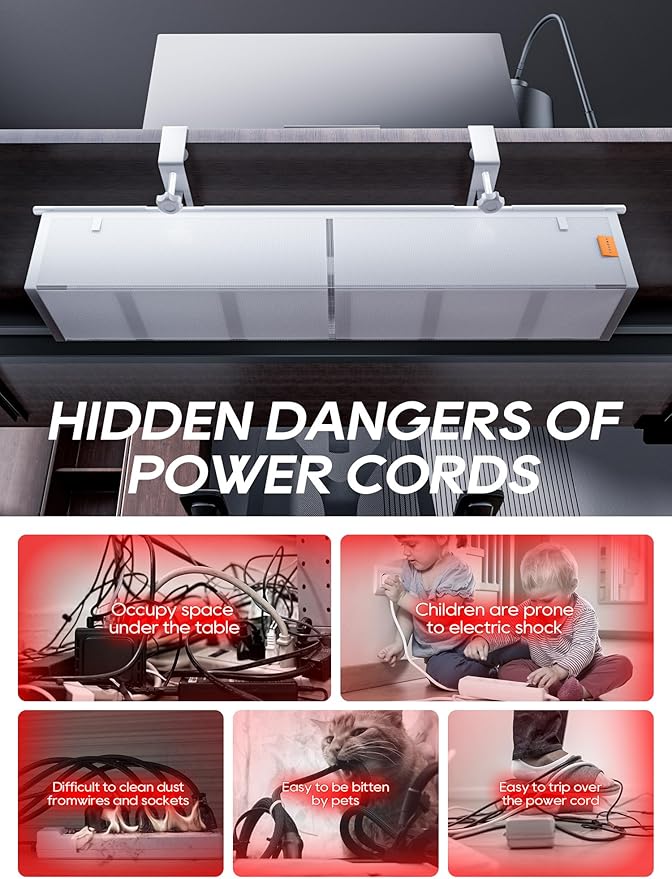 Under Desk Cable Management Tray No Drill, Cable Ties Included, Eco-Friendly Canvas Material, Mesh Design for Heat Dissipation, Cable Organizer/Storage for Standing Desk(27inch, White)