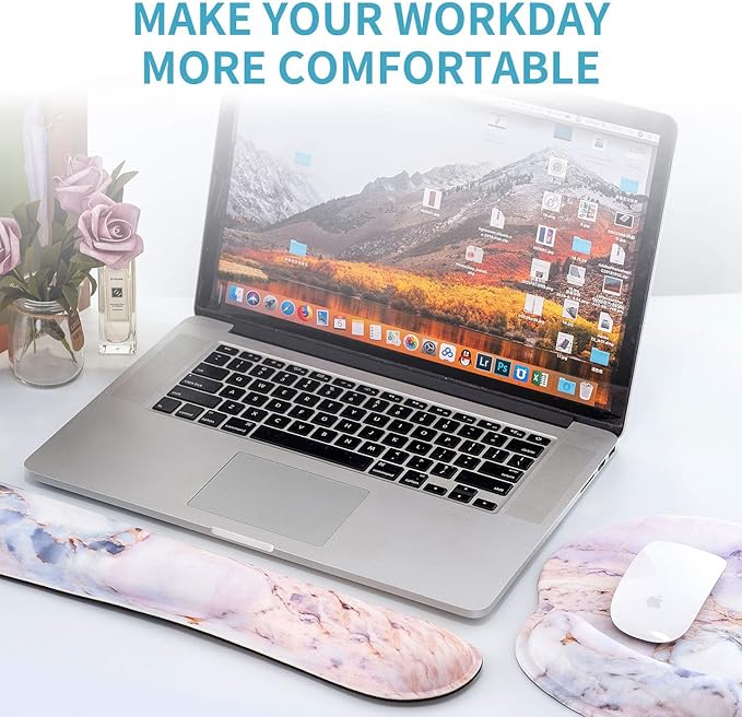 RICHEN Keyboard Wrist Rest and Mouse Pad with Wrist Support, Memory Foam Set for Gaming and Office, Comfortable & Lightweight for Easy Typing & Pain Relief (Marble2)