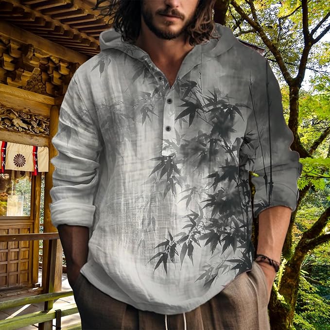 MARSVOVO Hooded Long Sleeve Shirt Men Fashion Graphic Button Up Lightweight Big and Tall Casual Vacation Shirts for Men