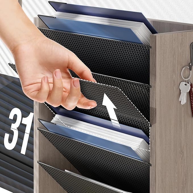 Hanging Wall File Organizer, 6 Tier Wood Wall File Holder with 2 Hooks, Mail Organizer Wall Mounted with Bottom Flat Tray, Vertical Paper Desk Storage for Office, Home, Greige