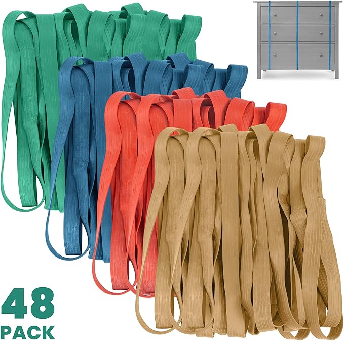 kitchentoolz 48 Pack Mover Bands – Extra Large Rubber Bands for Furniture & Moving Blankets – Heavy-Duty Stretch Bands in 4 Sizes (25", 30", 36", 42") – Secure Drawers, Doors & Covers During Moving & Storage