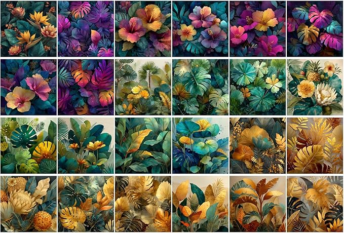 FLONZ Scrapbook Paper (24 sheets 6"x6") Tropical Velvet Bloom ~ Lush digital florals and foliage in deep jewel tones and golden gradients, blending realism with soft painterly lighting