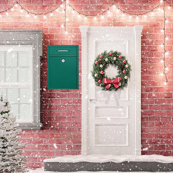 Locking Mailbox with Key for Outdoor 12.2 x 8.5 x 3 Inches Large Wall Mount Mail Box with Lock Security Mail Drop Metal Collection Boxes Hanging Secure Postbox(Green)