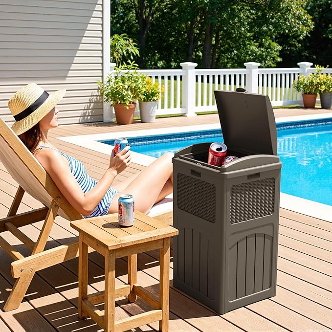 Greesum 33 Gallon Outdoor Trash Can with Lid (2-Pack), Heavy Duty Resin Garbage Bin, Waterproof & UV Resistant for Patio, Garden, Deck, Yard, Brown