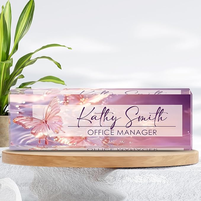 Personalized Name Plate for Desk, Custom Desk Name Plate, Acrylic Name Plate Office Desk Accessories, Personalized Office Gifts for Coworkers Teachers, Employee Appreciation Gifts (Purple Crystal)