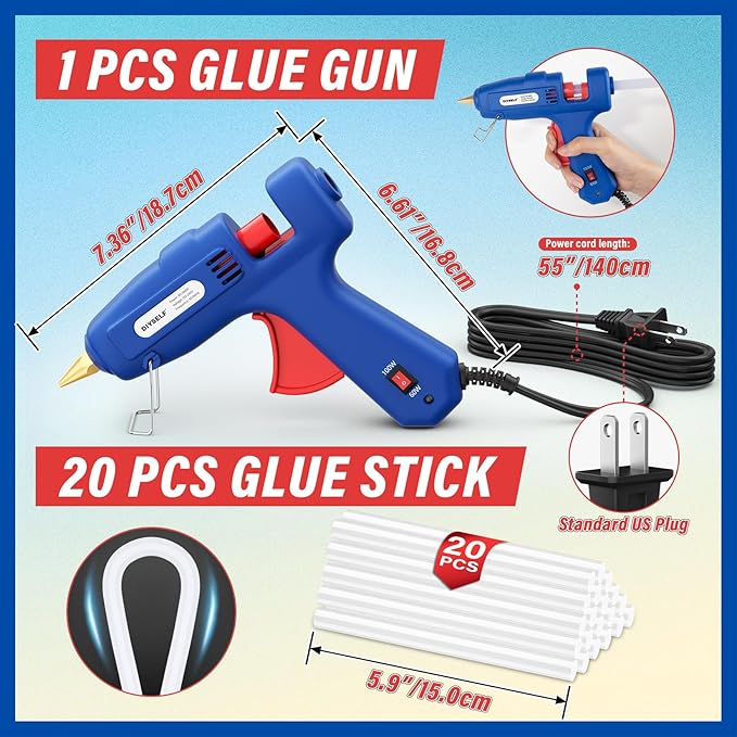 DIYSELF 1 Pack Hot Glue Gun丨Glue Gun Full Size丨Glue Gun and Sticks Set for Arts, Decorations, Repair, and Handmade DIY Projects丨Hot Glue Gun Kit丨20 Extra Glue Sticks丨Craft Glue Guns丨60/100W(Blue)