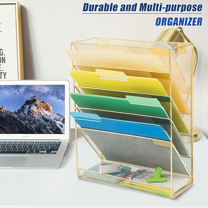 EASEPRES Desk File Organizer Mesh 6-Tier, Hanging Wall Mount Document Organization Stand, Desktop Vertical Mail Paper Folder Holder Rack with Bottom Tray for Office Home Cubicle Countertop, Gold