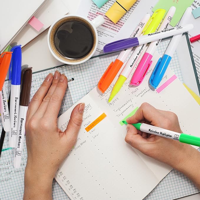 Aodaer 144 Pack Permanent Markers, 3mm and 0.5mm, Colored Fine Point Markers and Highlighter, Waterproof, Quick-drying, Smooth Markers for Home Office School Supplies, Works on Wood, Plastic, Metal