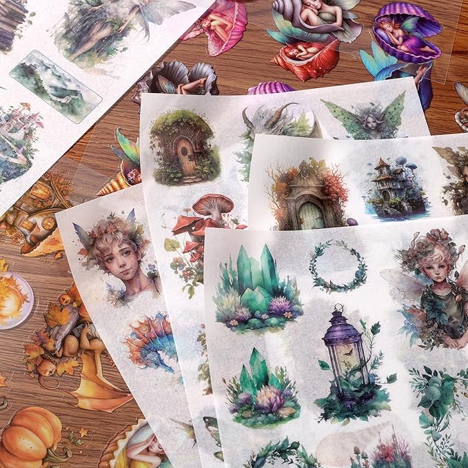 Scrapbook Fantasy Stickers 20 Sheets 240 Pre-Cut Washi Stickers for Journaling PET Transparent Fairy Sticker Decorative or DIY Paper Crafts, Arts and Crafting Projects