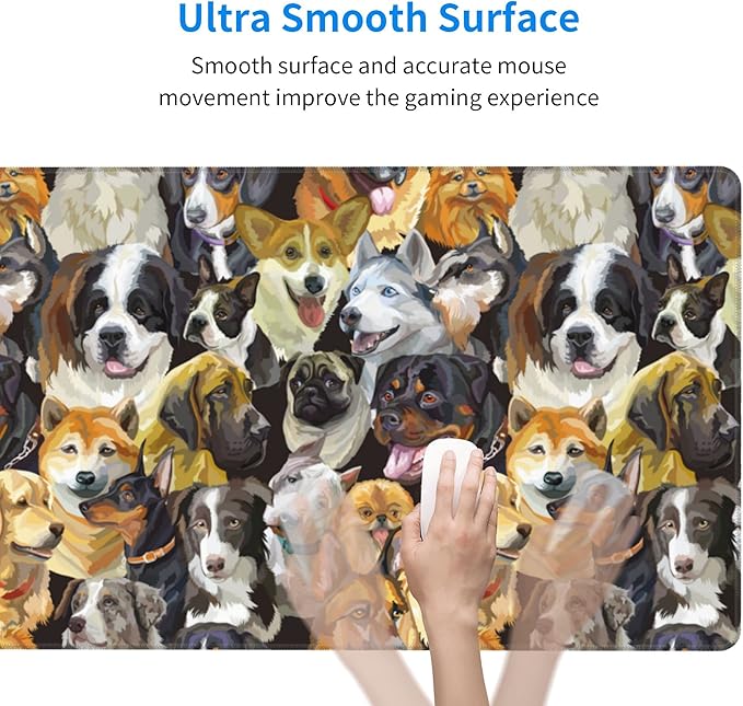 Desk Mat,Cute Dogs Heads Extended Gaming Mouse Pad for Office Work & Game,Computer Keyboard Mouse Mat Desk Non-Slip Rubber Base Large Mousepad with Stitched Edges, 31.5x15.7inch