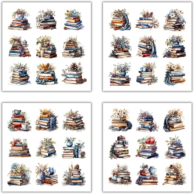 XERE 144 Pcs Stacked Books Four Seasons Sticker Book for Journaling Notebooks, Sketchbook, Bookmark Making, Junk Journal, Budget Planner, Scrapbook Art Supplies Stickers