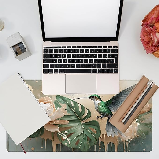 Desk Pad, Elegant Hummingbird Desk Mat, Oil Painting Flowers and Leaves Large Gaming Mouse Pad, 31.5"x15.7" Extended Big Computer Mouse Pad with Non-Slip Base and Stitched Edge