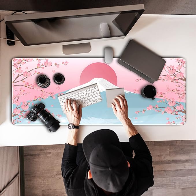 Aesthetic Japanese Cherry Blossom Desk Mat Cute Pastel Blue Color XL Sakura Gaming Mouse Pad Anime Mousepad for Women Desk Office Girl Gamer Cherry Blossoms Mouse Pads Fun Desktop Mat 31.5x11.8 in