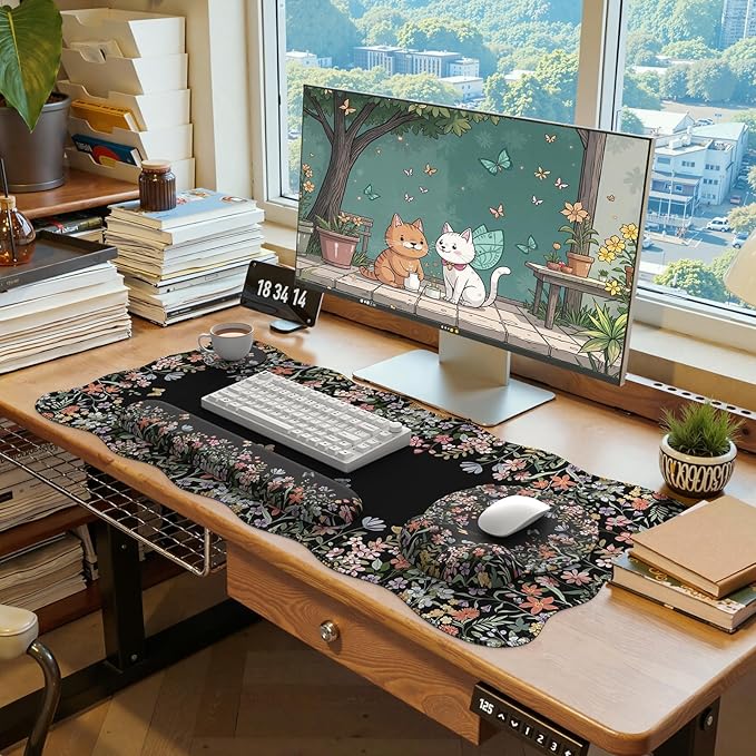 iLeadon Floral Desk Cover Mat Cute, Ergonomic Mouse Pad and Keyboard Wrist Rest, Smooth Mouse Pad Set, Non Slip Scalloped Desk Pad Mat for Keyboard and Mouse Set Women Aesthetics(Black)