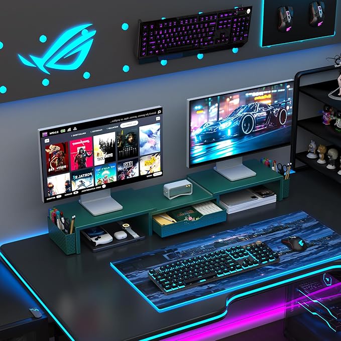 gianotter Dual Monitor Stand Riser, Desk Organizer With Drawer and 2 Pen Holders, Monitor Stand for Desk, Office Decor Essentials (Green)