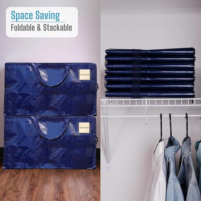 VENO 2 Pack Moving and Storage Bags, Heavy Duty, Alternative to Moving Boxes, Large Packing Totes Supplies for College Dorm Room with Zipper for Clothes, Wide Open Design (Blue, 2 Pack)