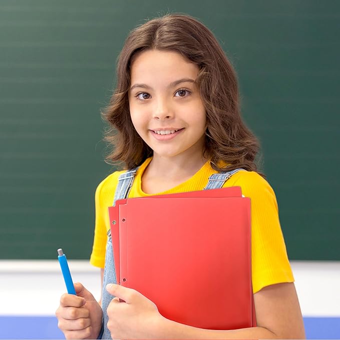 Dunwell Plastic 2-Pocket Folders for 3-Ring Binders, (3 Pack, Red) 3 Hole Punched, Divider Folder for Notebooks, Long Lasting Poly, Fits 8.5x11 Sheets, Includes Labels