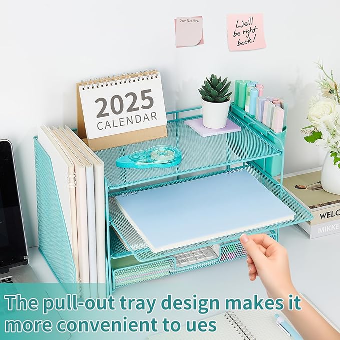 OPNICE Desk Organizer and Accessories, 4-Tier Desktop File Organizer with Drawer and 2 Pen Holders, Office Desk Accessories, File Sorters, Workspace Organizers for Office Supplies(Teal Blue)