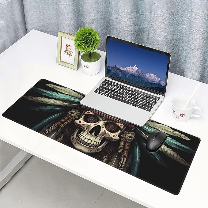 Cute Intricately Decorated Skull with Feather Headdress Pattern Mouse Pad 31.5 x 12 Inch, Non-Slip Rubber Base, Ergonomic Design for Pain Relief, Perfect for Computer Users