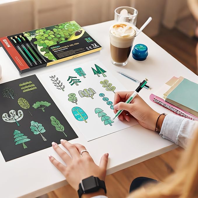 Retractable Glitter Gel Pens, 12 Colors Large Capacity Green Glitter Metallic Gel Ink Pen, 1 mm Fine Point Smooth Writing Color Pens for Adult Coloring Book Note Taking Aesthetic Art Supplies