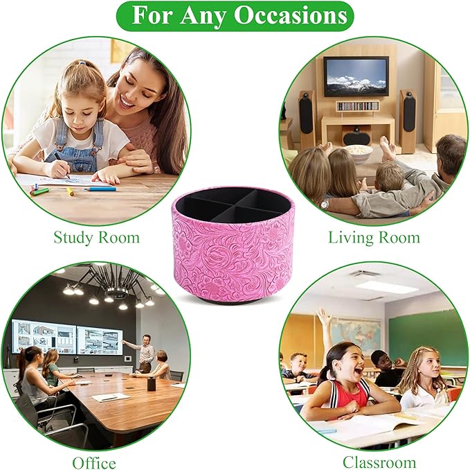 lizimandu Round Leather Art Supply Organizer,Remote Control Holder,360 Degree Spinning,Multi-Functional Pencil Holder,4 Compartments Desktop Stationary Organizer(1-Carved Red2)