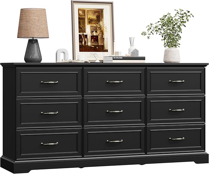 9 Drawer Dresser for Bedroom, 63" Wide Wooden Chest of Drawers, Rustic Farmhouse Dresser with Large Drawers & Metal Handles, Modern Storage Organizer for Closet, Living Room, Hallway, Black