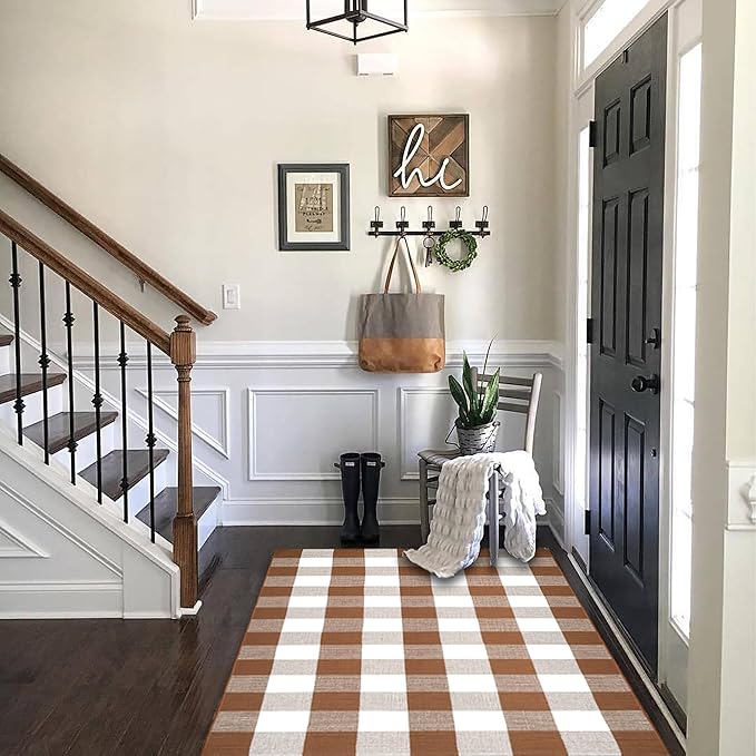 Buffalo Plaid Outdoor Rugs, 24'' x 51'' Coffe and White Checkered Area Rug, Layering Rug for Hello/Welcome Door Mat, Washable Cotton Woven Farmhouse Mat for Front Porch Décor