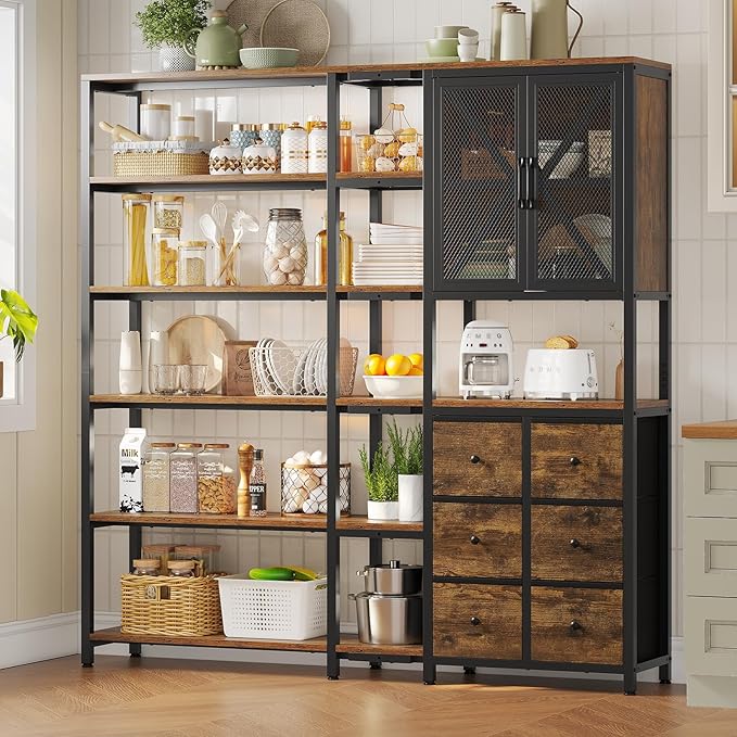 Corner Bookshelf, 6 Tier Industrial Convertible Bookshelf with 6 Fabric Drawers, Corner Bookcase Large L Shaped Storage Display Shelf for Home Office, Living Room, Kitchen, Rustic Brown