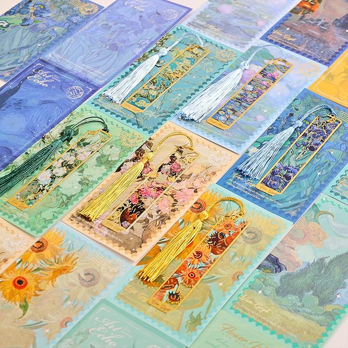6 Pieces Metal Bookmarks with Tassel, Golden Hollow Bookmark Oil Painting Theme Book Mark Bookmarks for Book Lovers Writers Readers Children Teens Men Women Adults