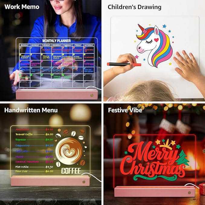 LED Note Board with 8 Colors,Acrylic Dry Erase Board with Light, Clear Monthly/Weekly Calendar, Led Drawing Board for Kids with Stand, 8 Markers, Adapter, Soft Cloth, Holiday Trend Gift (Pink)